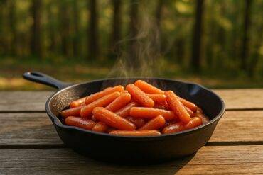 Baby carrots glazed with maple sauce cooking in a skillet with herbs.