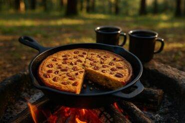 Golden blondies with pecans and maple drizzle in a black cast-iron skillet ready for campfire baking.