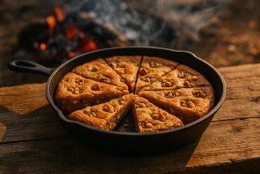 Golden-brown blondies with walnuts baking in a cast-iron skillet over a campfire.