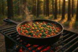 Colorful Moroccan chickpea and spinach stew simmering in a black camping skillet over a campfire.