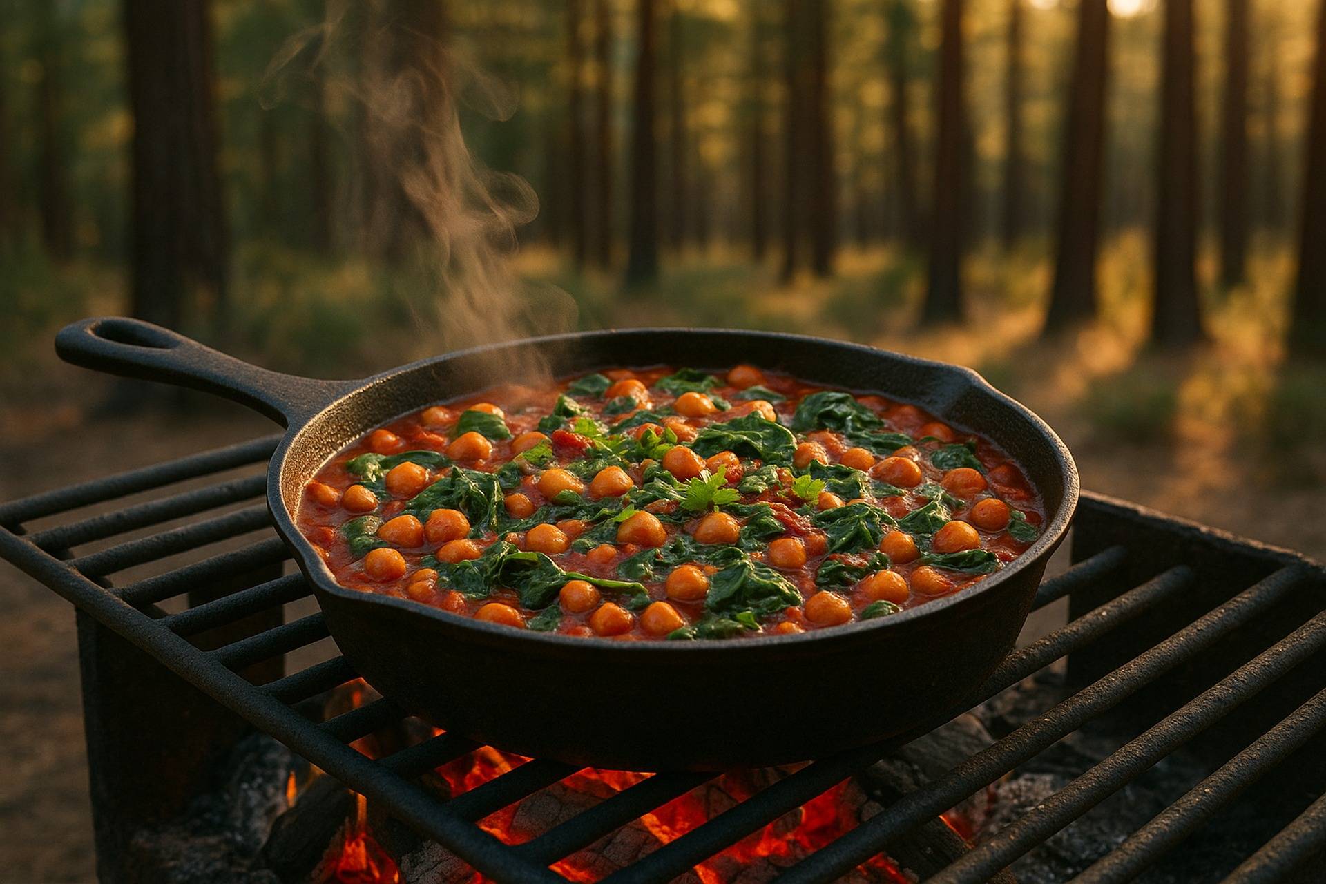 Colorful Moroccan chickpea and spinach stew simmering in a black camping skillet over a campfire.