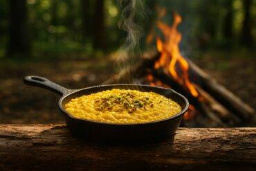 Creamy saffron rice pudding in a skillet topped with chopped pistachios, ready for serving.