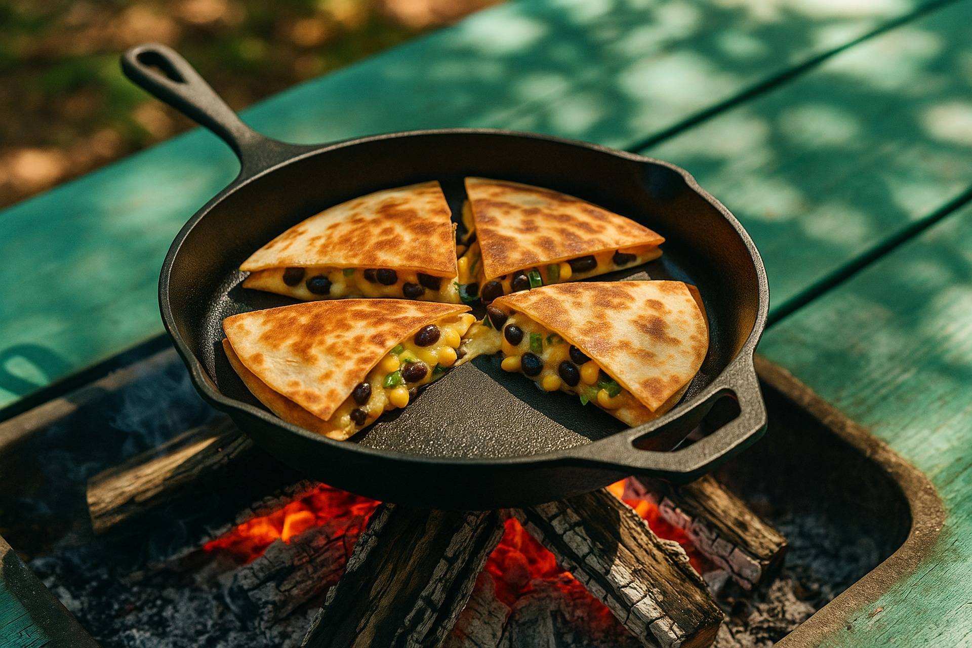 Golden quesadillas filled with black beans, corn, and melted cheese cooking in a cast-iron skillet.