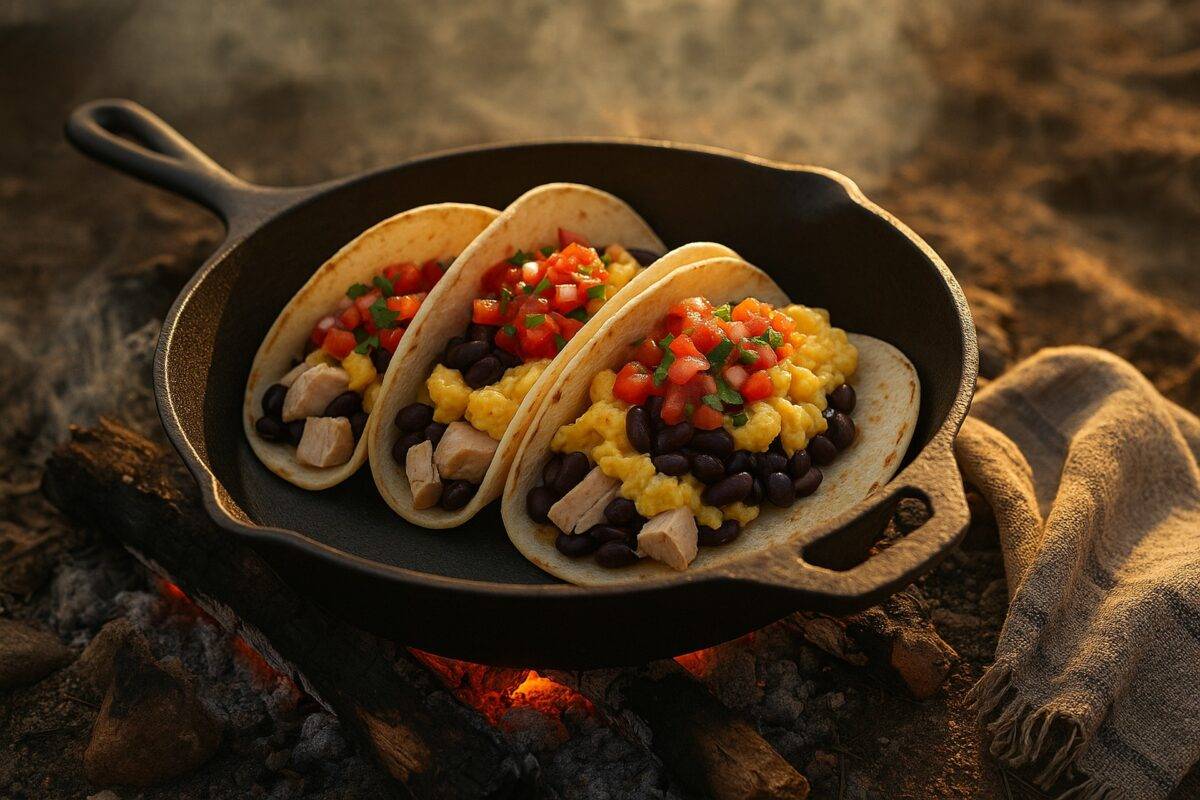 Three breakfast tacos filled with seasoned turkey, scrambled eggs, and toppings on a rustic wooden table.