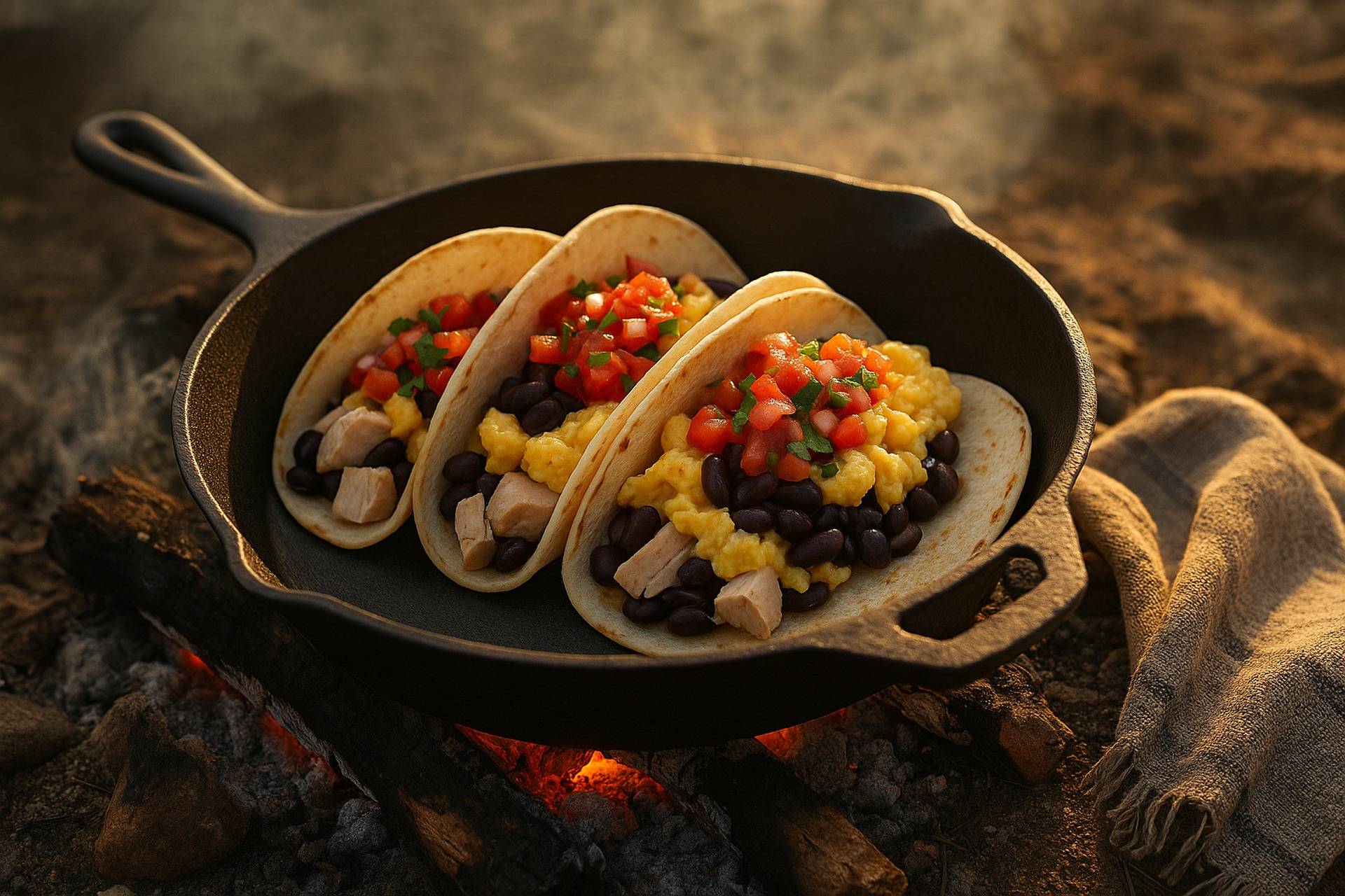 Three breakfast tacos filled with seasoned turkey, scrambled eggs, and toppings on a rustic wooden table.