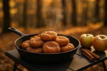 Golden-brown spiced apple fritters cooking in a cast-iron skillet over a camping stove.