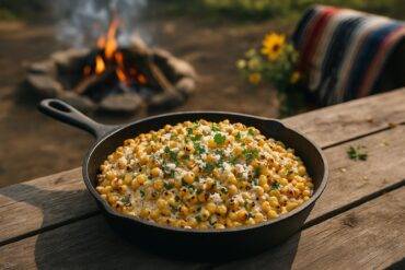 Spicy Mexican street corn coated in creamy sauce and chili powder cooking in a skillet.