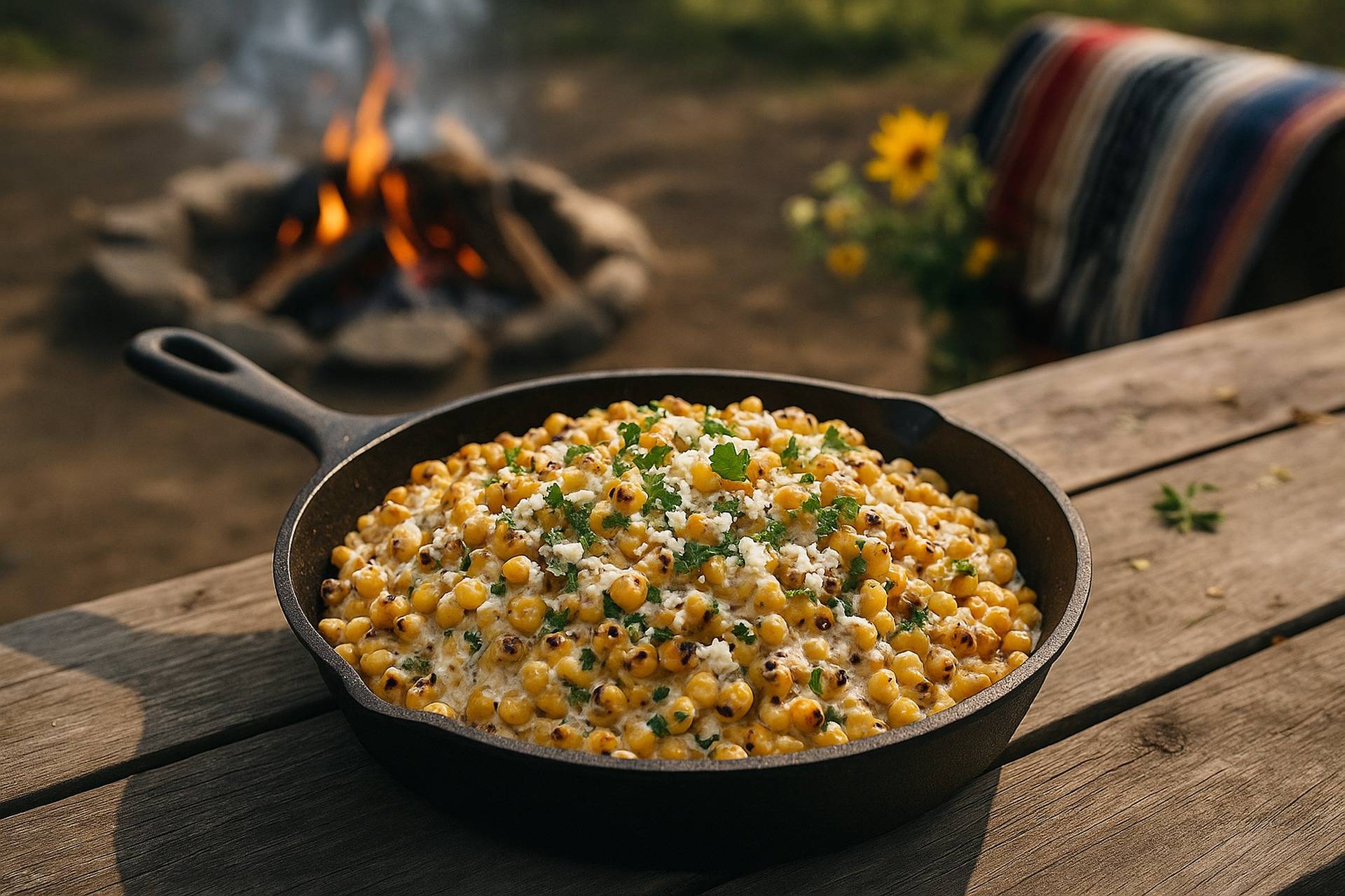 Spicy Mexican street corn coated in creamy sauce and chili powder cooking in a skillet.