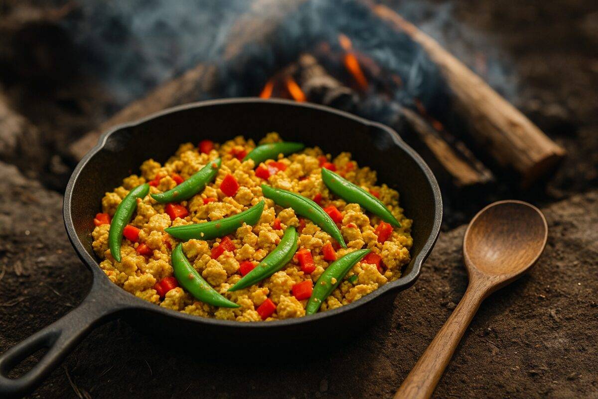 Colorful tofu scramble with vegetables and Thai curry spices cooking in a camp skillet.