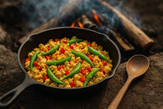 Colorful tofu scramble with vegetables and Thai curry spices cooking in a camp skillet.