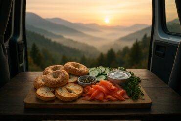 Bagel halves topped with smoked salmon, cream cheese, capers, red onion slices, and fresh dill on a wooden board.
