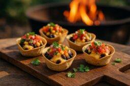 Black bean salsa spooned into crispy tortilla cups with melted cheese and cilantro on top.