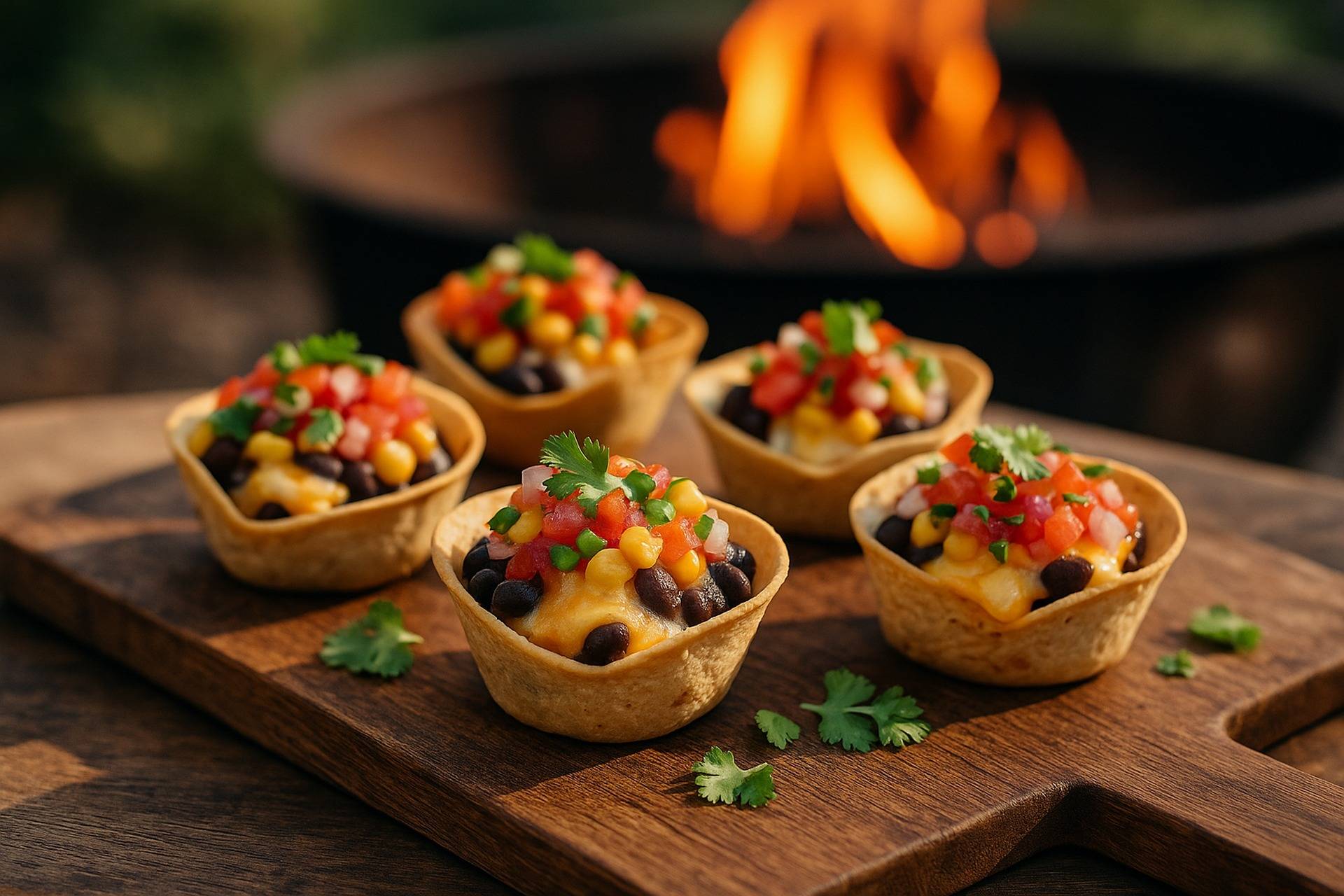 Black bean salsa spooned into crispy tortilla cups with melted cheese and cilantro on top.