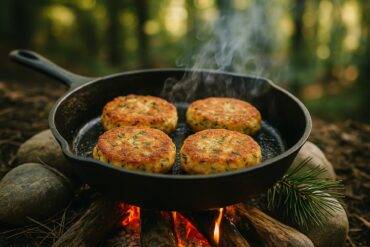 Golden-brown salmon and dill potato cakes cooking on a campfire grill with fresh dill garnish nearby.