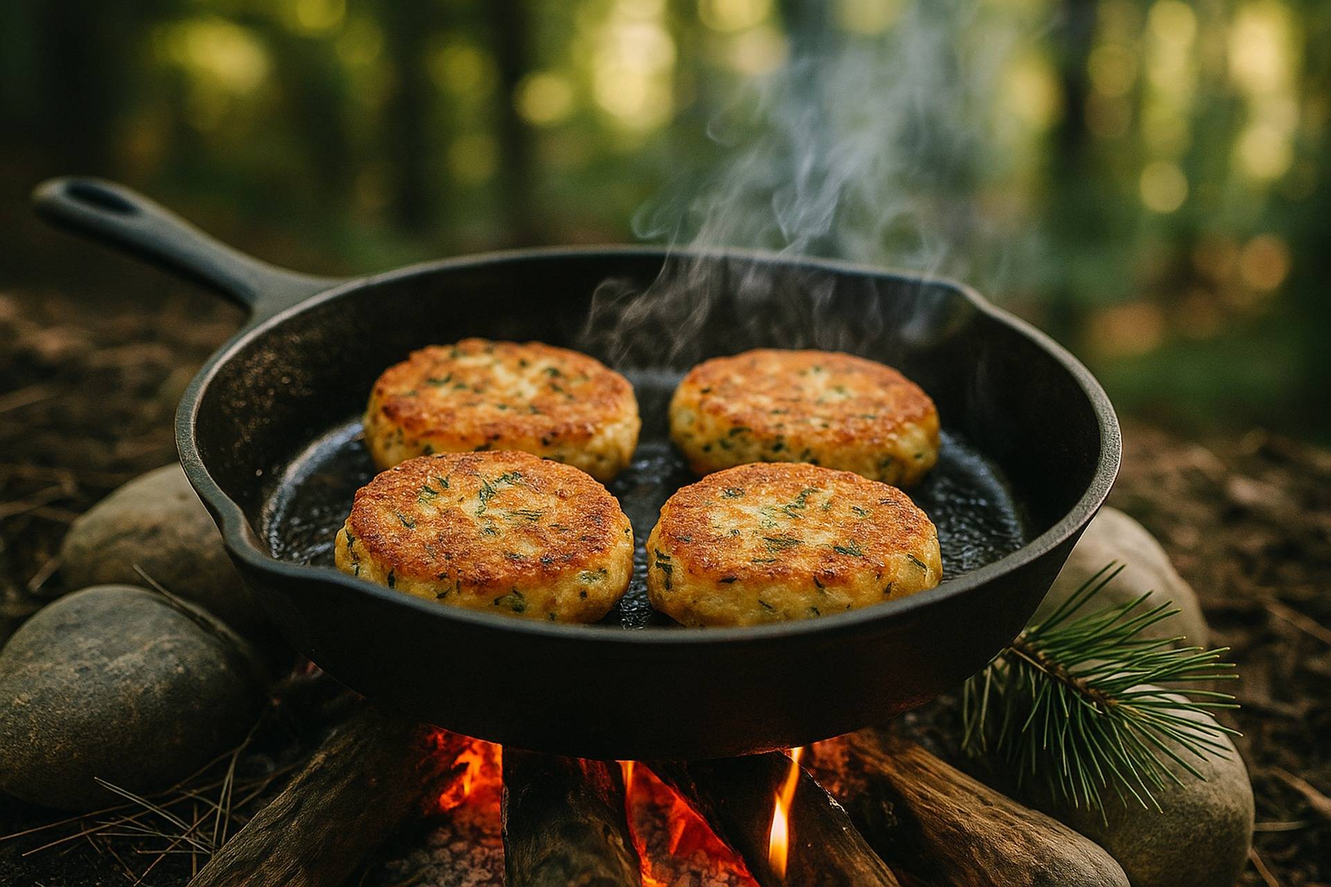 Golden-brown salmon and dill potato cakes cooking on a campfire grill with fresh dill garnish nearby.