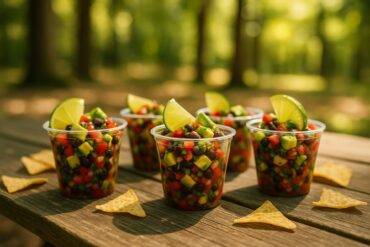 Southwest black bean and avocado salsa served in crisp tortilla cups with fresh cilantro on a rustic wooden board.