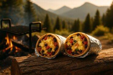 Southwest black bean breakfast burritos filled with beans, scrambled eggs, and cheese, ready to eat.