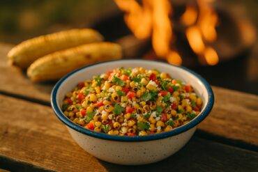 Grilled corn kernels mixed with diced peppers, herbs, and cheese in a rustic bowl on a wooden surface.
