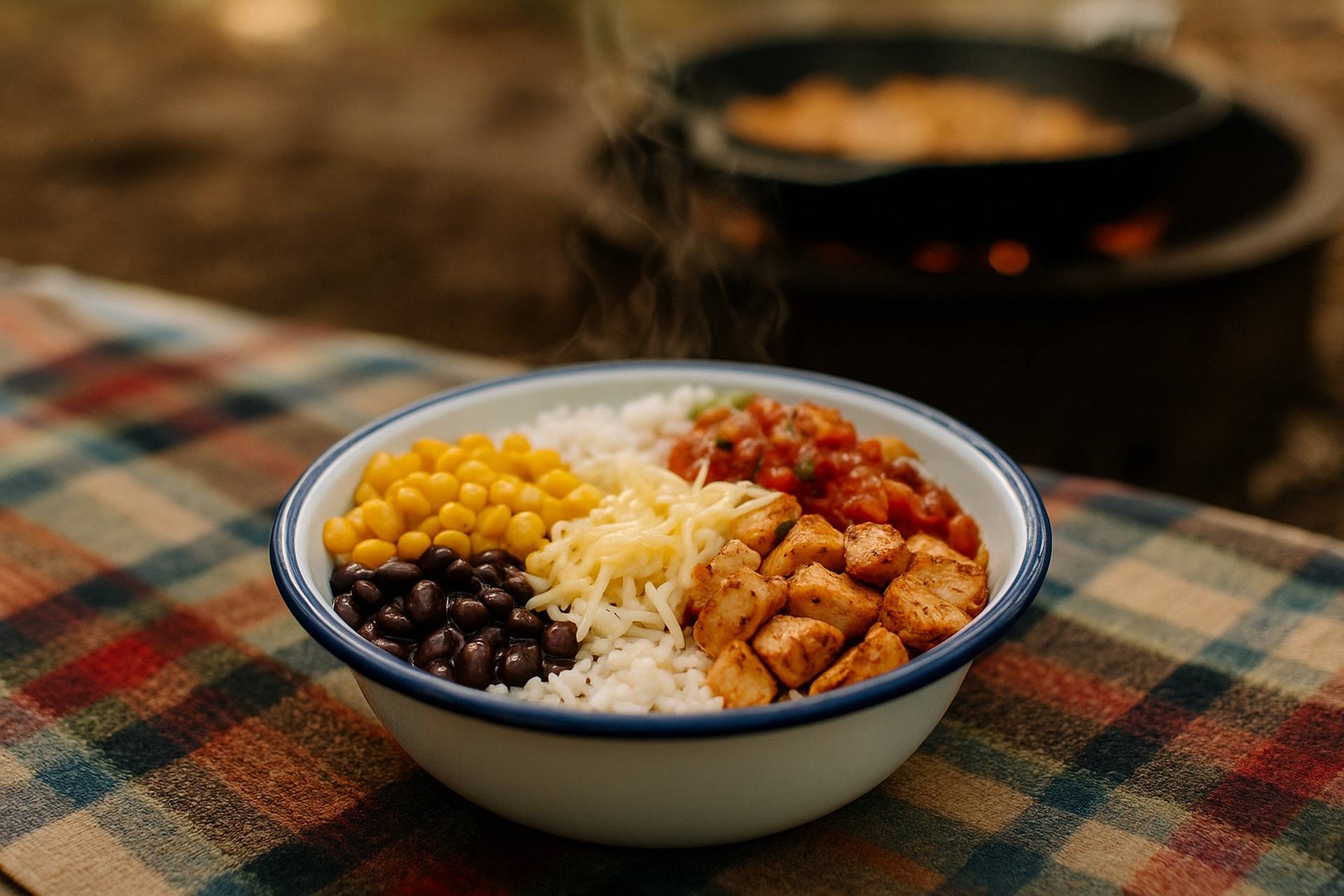 Southwest chicken and pinto bean burrito bowls with rice, avocado, beans, and peppers in foil containers.