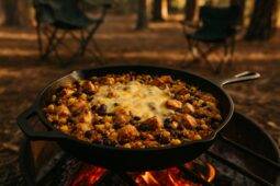 Chicken, rice, black beans, corn, and peppers cooked together in a skillet for a Southwest-style meal.