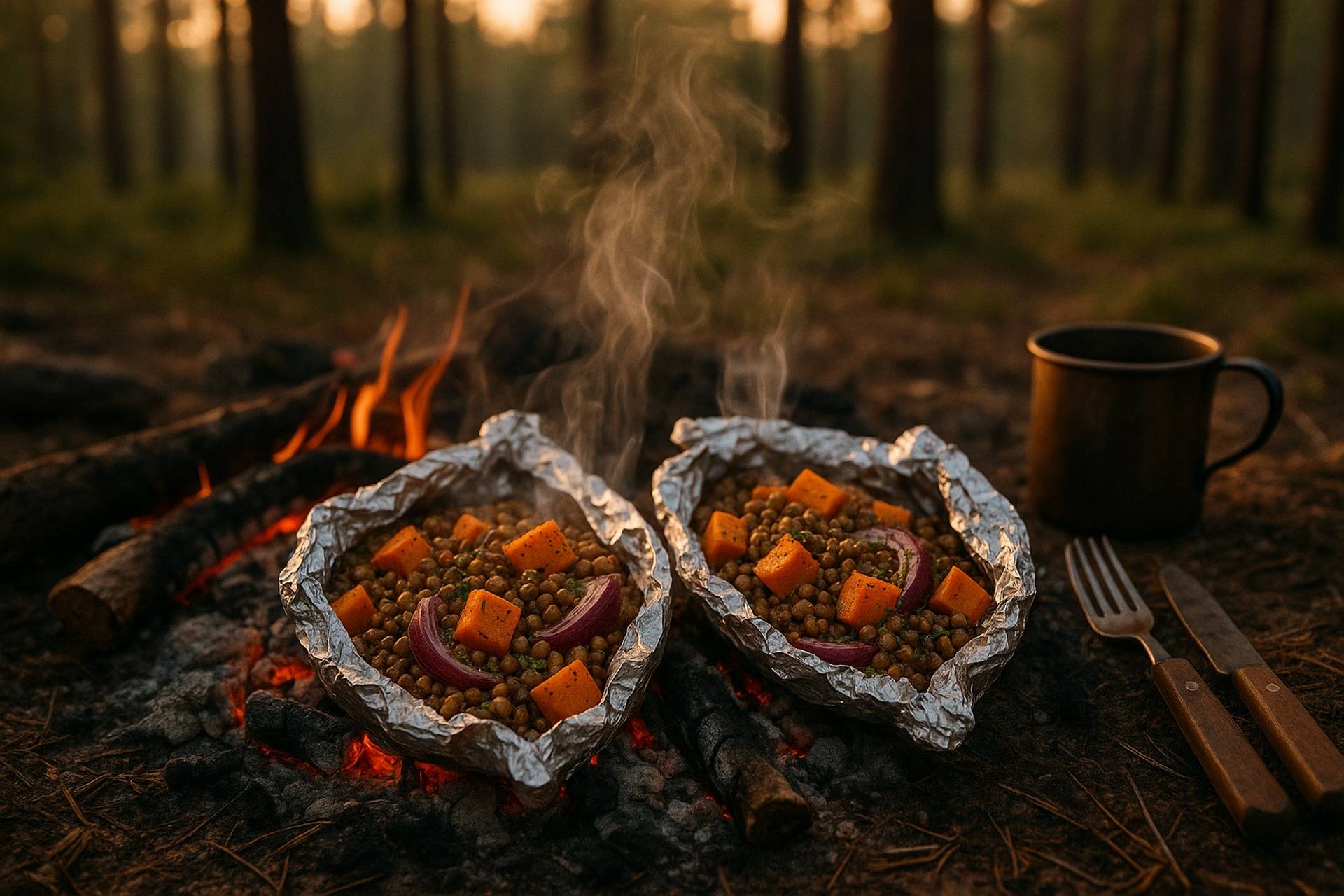 Spicy Lentil Sweet Potato Fire Packet camp recipe image