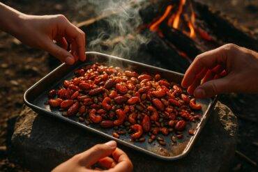 Bowl of mixed nuts and seeds coated in spicy red sriracha seasoning ready to eat.