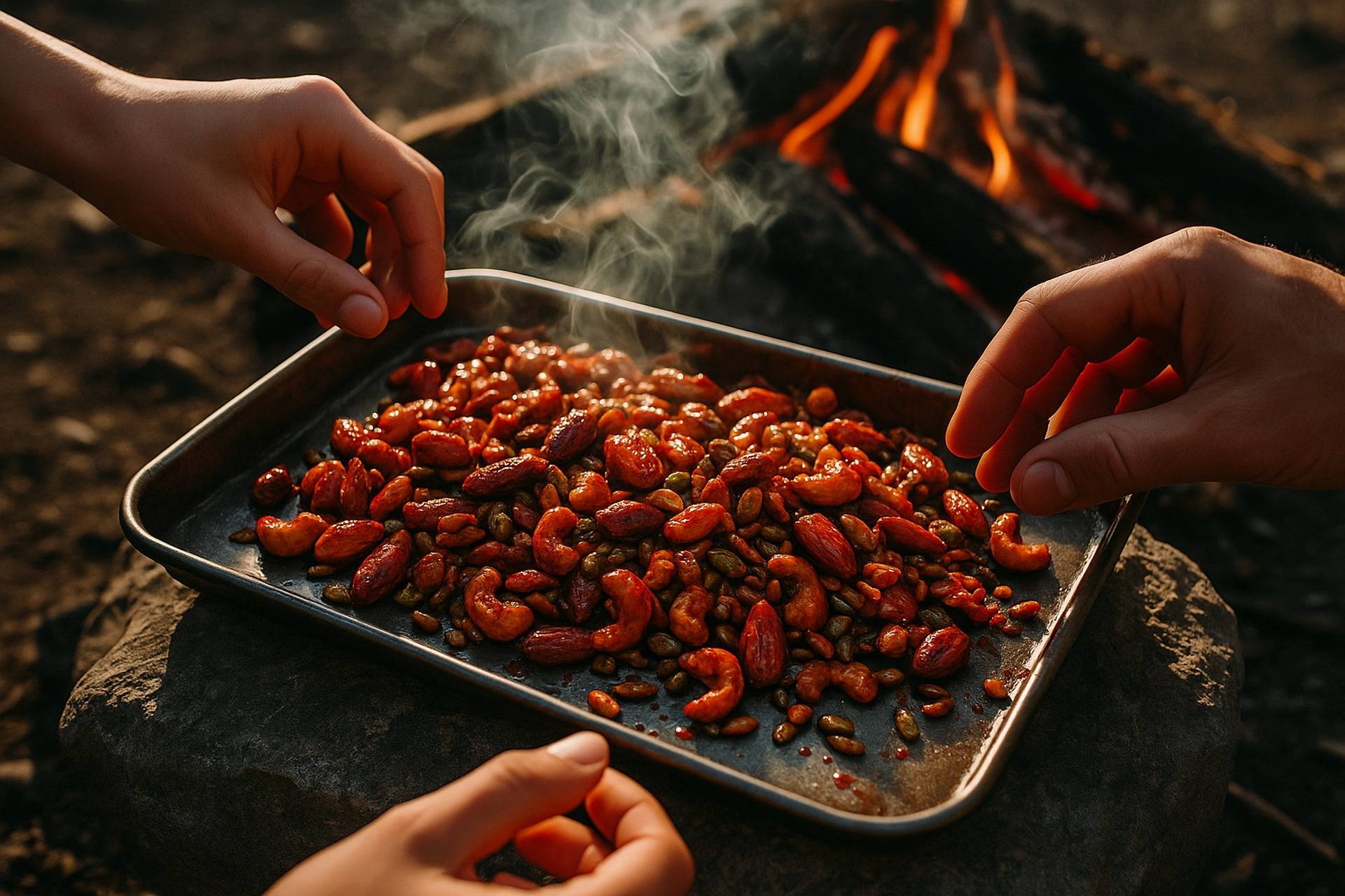 Bowl of mixed nuts and seeds coated in spicy red sriracha seasoning ready to eat.