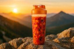Bright pink strawberry-mango smoothie in a clear camping mug with fresh fruit on a wooden table.
