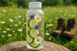 Clear glass jar of cucumber-infused water with wildflower petals, beside camping gear on a wooden surface.