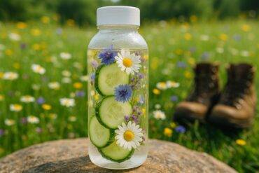 Clear glass jar of cucumber-infused water with wildflower petals, beside camping gear on a wooden surface.