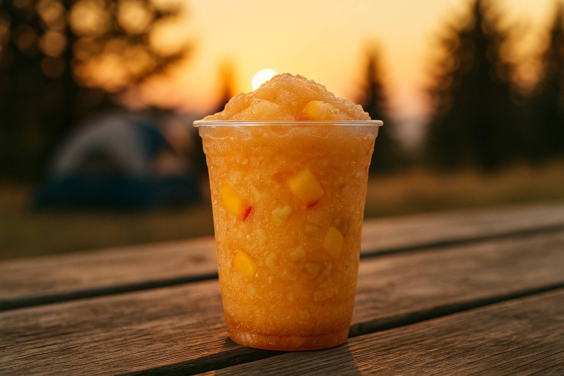 A layered peach and ginger slushie with crushed ice in a clear camping cup.