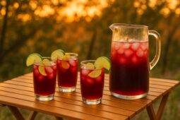 A vibrant red hibiscus and ginger cooler in a clear cup with a straw, set on a wooden surface.
