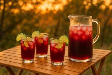 A vibrant red hibiscus and ginger cooler in a clear cup with a straw, set on a wooden surface.