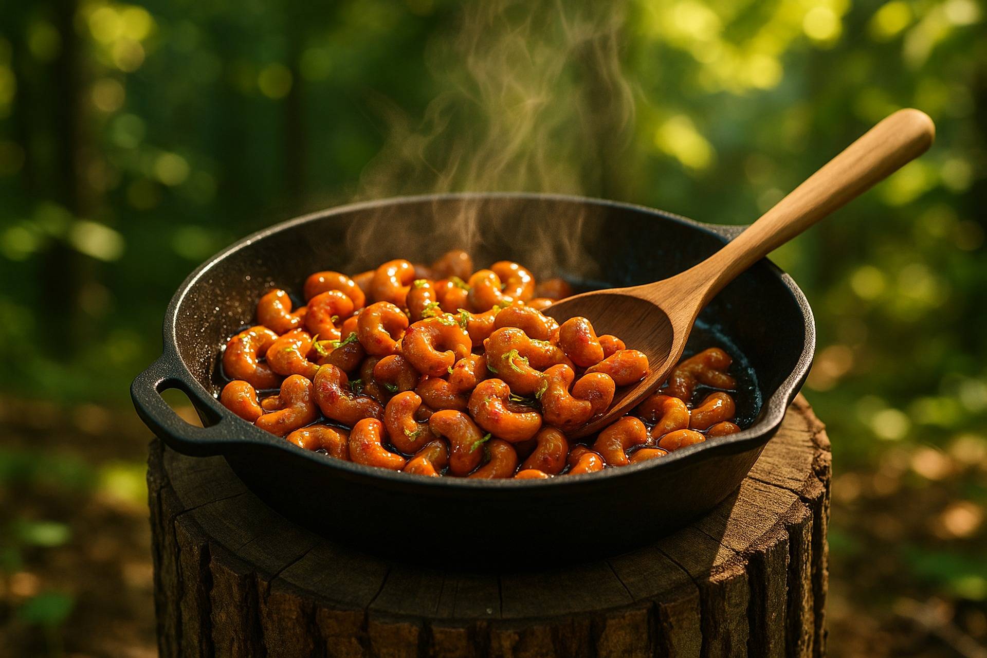A skillet with toasted cashews coated in sweet chili lime sauce over a campfire grill.