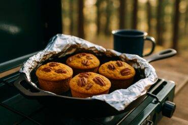 Golden-brown sweet potato muffins with pecans in a cast iron skillet over campfire coals.