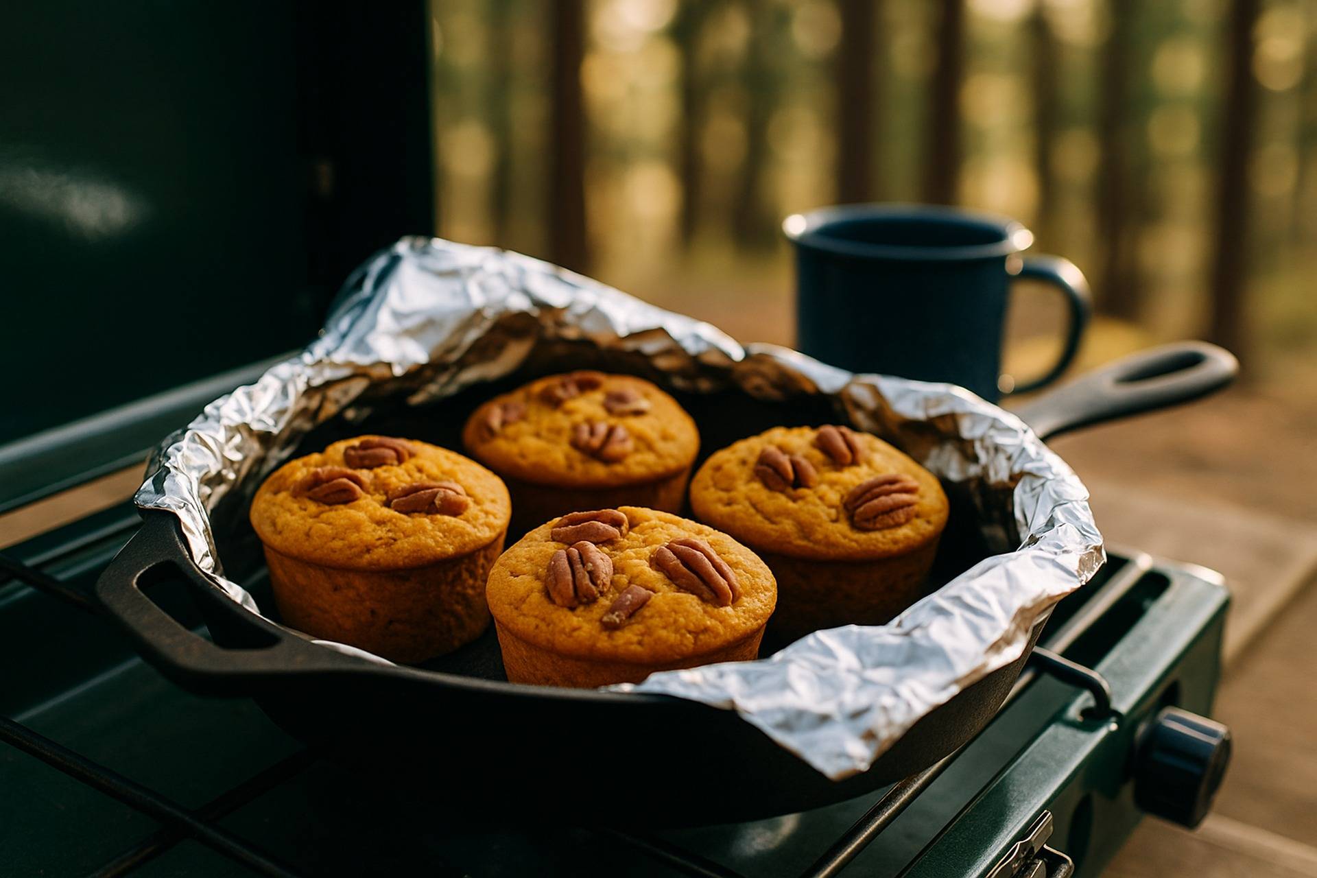 Golden-brown sweet potato muffins with pecans in a cast iron skillet over campfire coals.