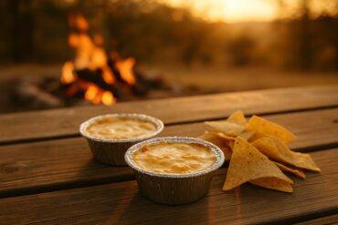 Individual foil cups filled with melted Tex-Mex cheese dip with diced tomatoes and peppers, ready to serve.