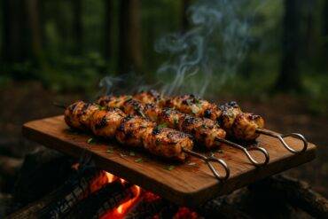 Grilled chicken skewers marinated with Thai basil and spices, served on a plate ready to eat.