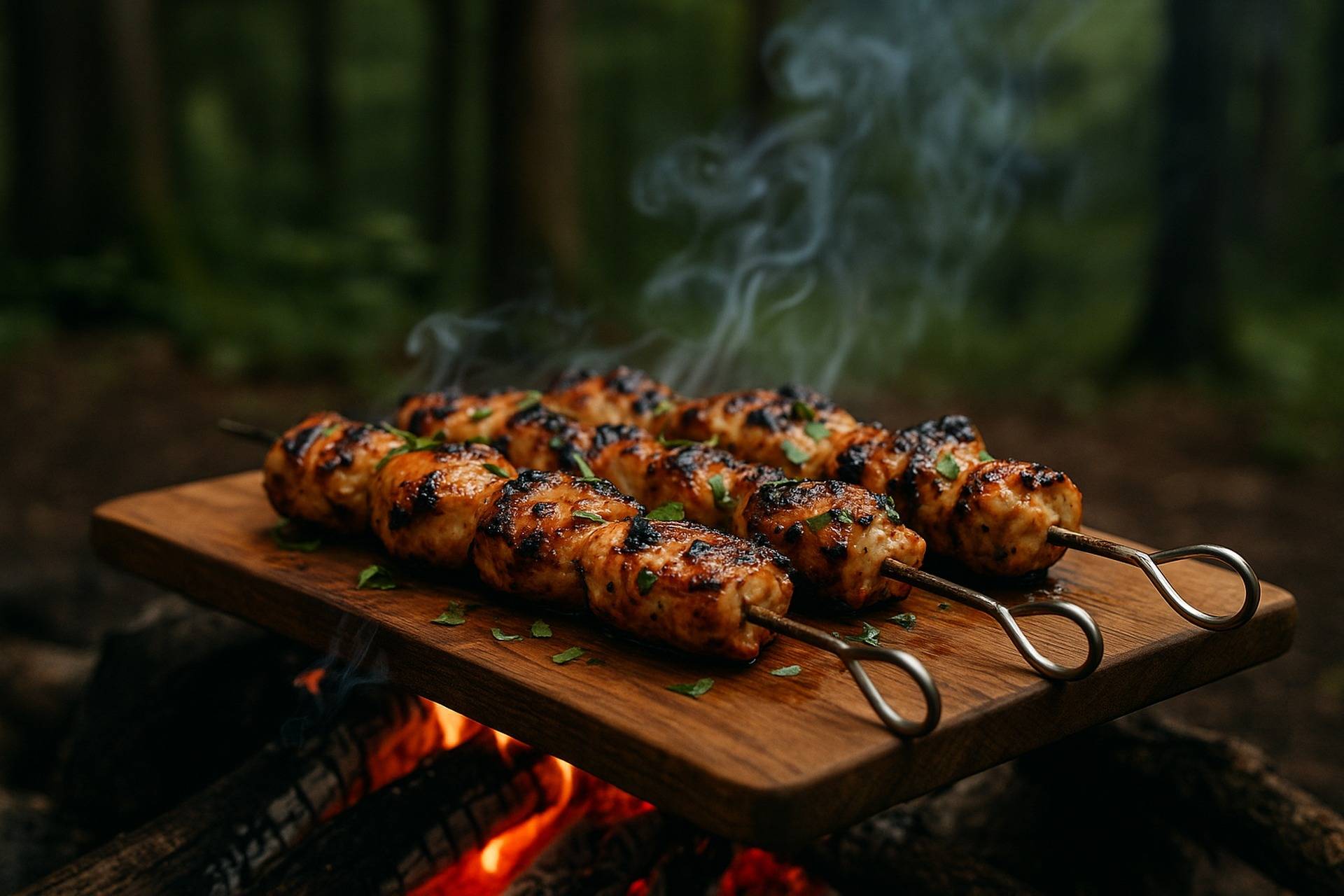 Grilled chicken skewers marinated with Thai basil and spices, served on a plate ready to eat.