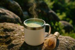 Green matcha coconut latte in a rustic mug with camping gear in the background.