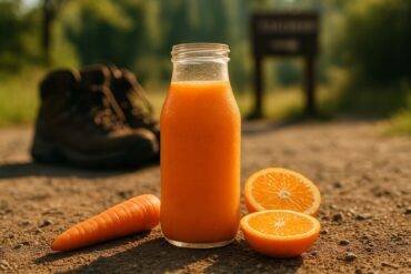 Bright orange carrot and orange smoothie in a clear jar with a cloth cover, ready for outdoor camping breakfast.