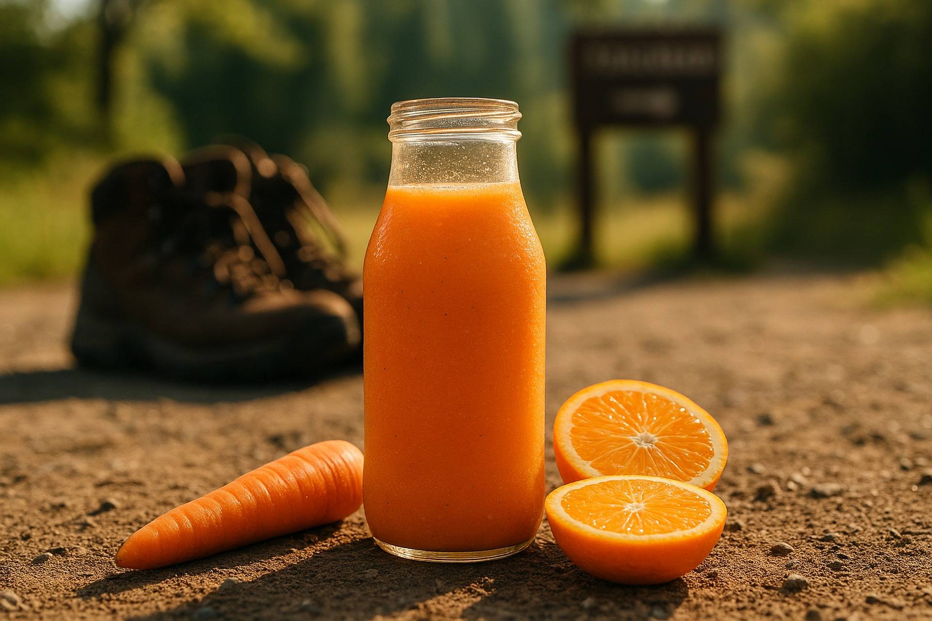 Bright orange carrot and orange smoothie in a clear jar with a cloth cover, ready for outdoor camping breakfast.