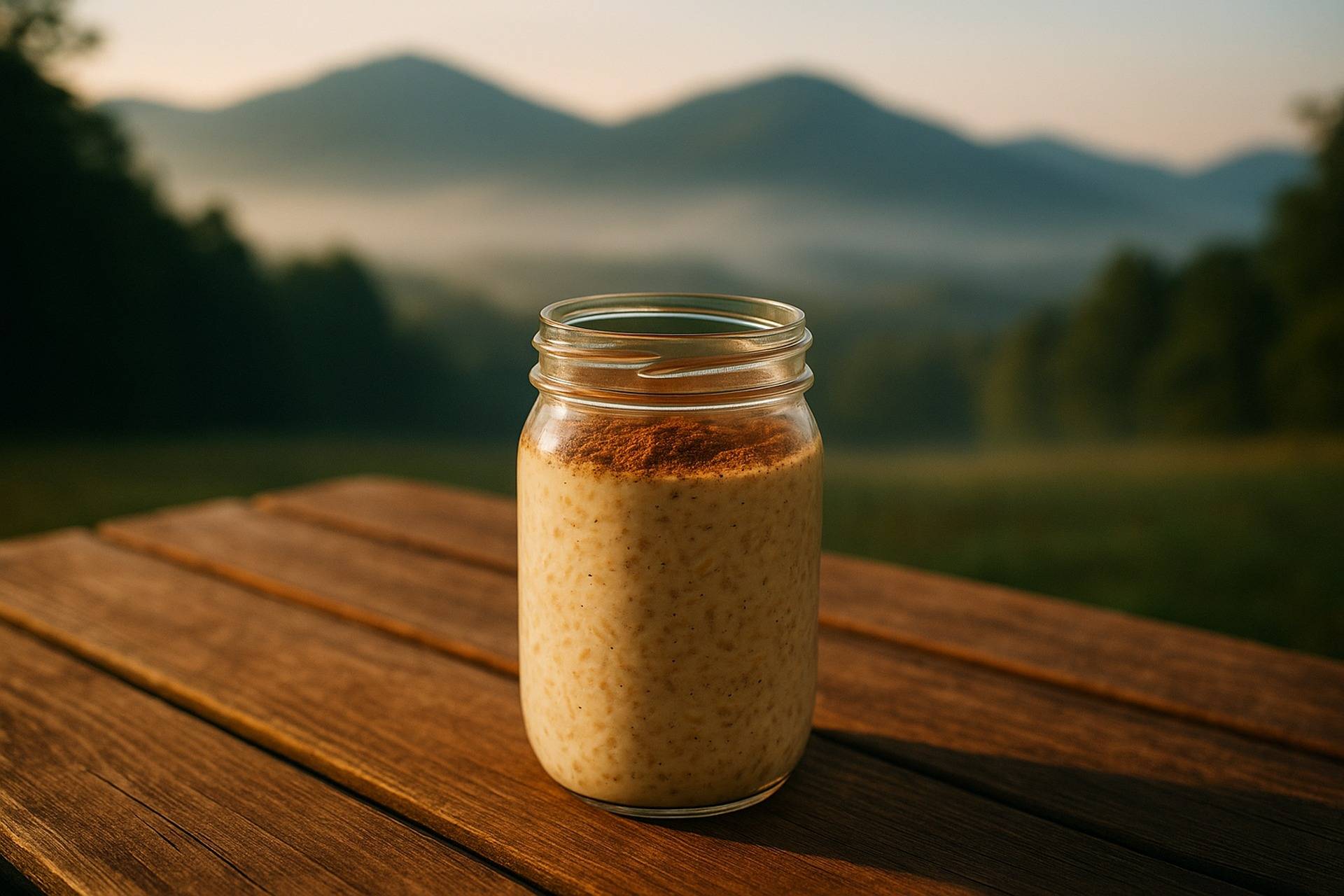 Chai-spiced overnight oats in a jar topped with pumpkin seeds and cinnamon, ready for camping.