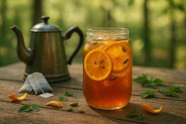 Glass of iced tea with orange slices and cardamom pods, ready for outdoor refreshment.