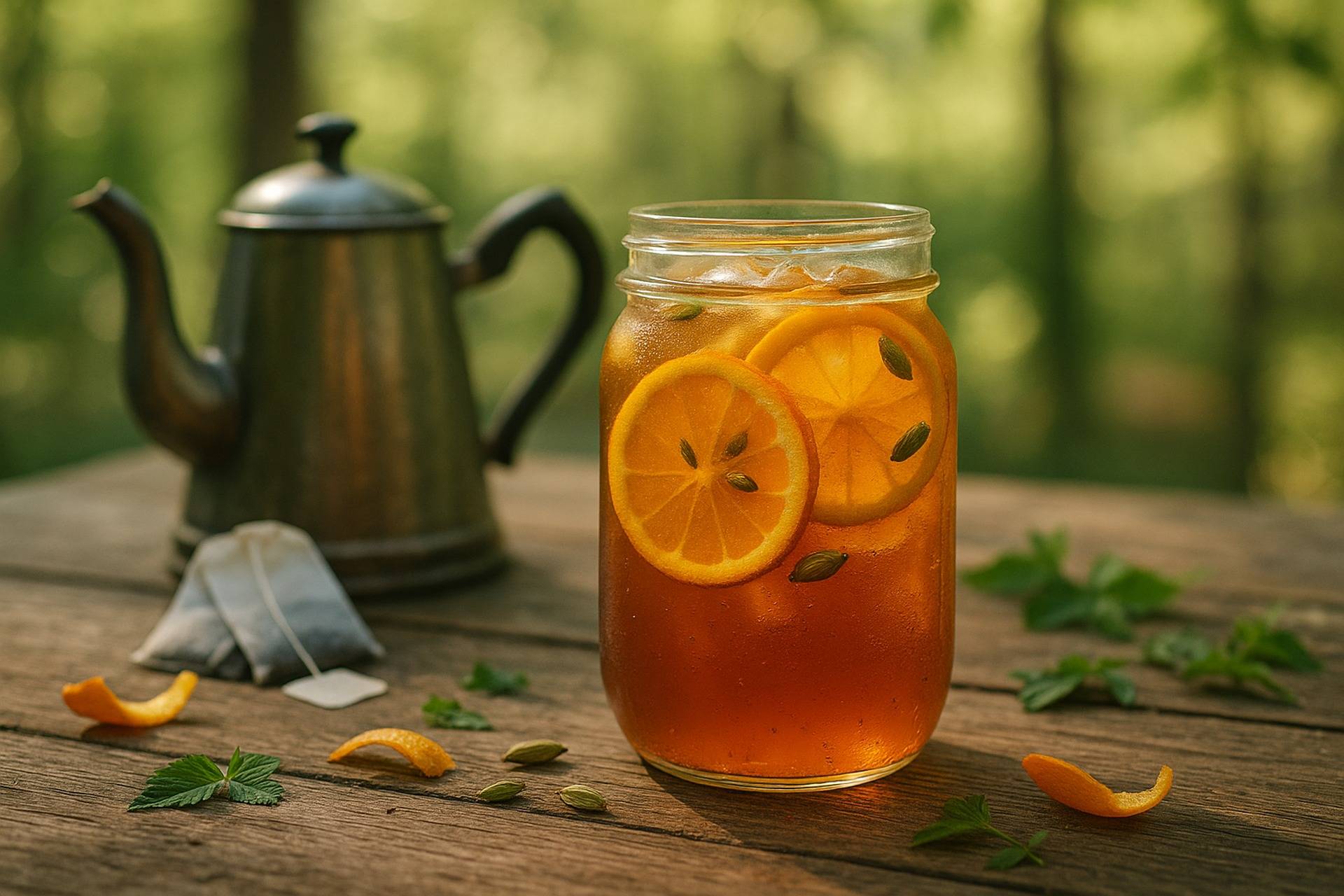 Glass of iced tea with orange slices and cardamom pods, ready for outdoor refreshment.