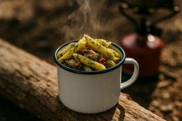 Glossy penne pasta with visible flakes of tuna and sun-dried tomato, tossed in bright green pesto, steaming in an enamel camp mug on a sunlit log.