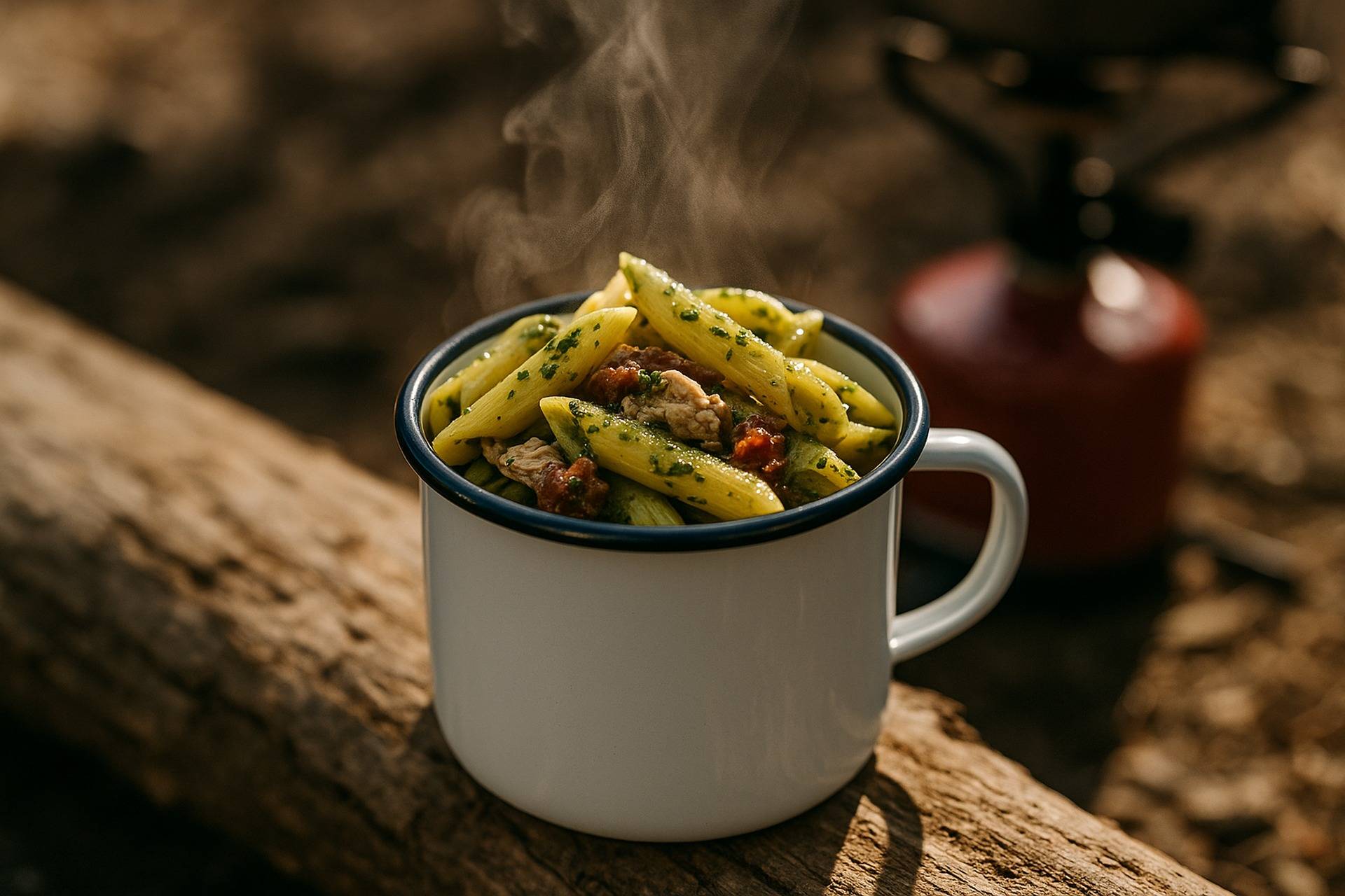 Cooked penne pasta mixed with tuna and green pesto in a camping pot over a camp stove.