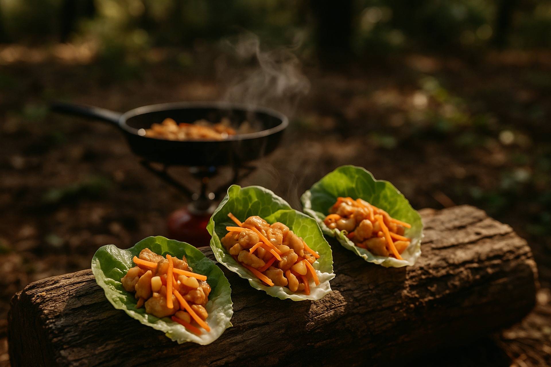 Cooked Asian-style chicken mixture served in crisp lettuce leaves ready to assemble as wraps.