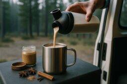 Creamy coconut chai shake in a cup with a cinnamon stick, ready for a refreshing camping recovery drink.