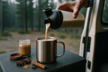 Creamy coconut chai shake in a cup with a cinnamon stick, ready for a refreshing camping recovery drink.
